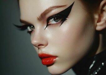 Avant-Garde Makeup: A striking beauty portrait showcasing graphic eyeliner and bold lips