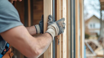 Carpenter installing doors at a residential construction site. Featuring craftsmanship and precision