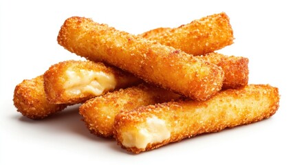 Crispy Golden Fried Cheese Sticks with Melted Filling on White Background