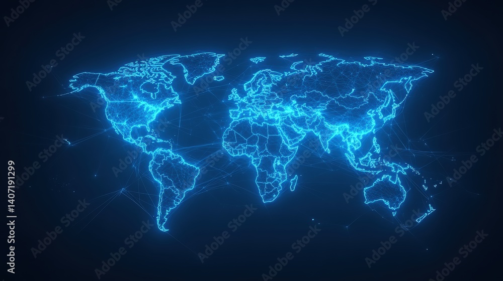 Poster a glowing, digital map of the world, showcasing interconnected lines and nodes, representing global 