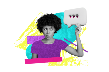 Composite photo collage of serious american hold text box message notification communication dialogue isolated on painted background