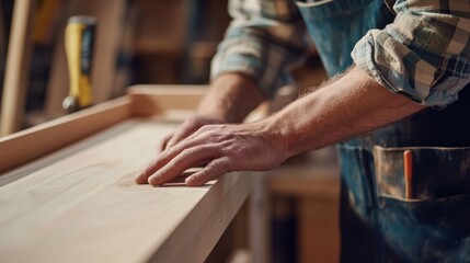 Carpenter assembling wooden shelf in workshop. Featuring craftsmanship and skill