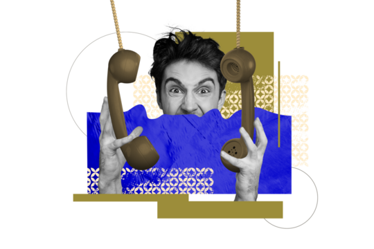 Composite photo collage of angry man hold telephone handset telemarketing call center multitask workload isolated on painted background