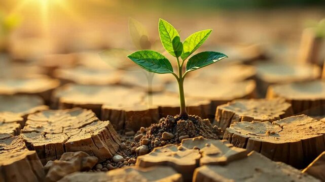 New life emerges from the parched earth under the warm glow of sunlight.