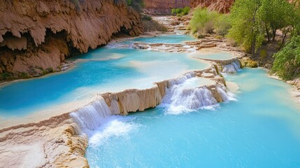 Naklejka premium Vibrant Blue Waterfalls Flowing Through Natural Rock Formations in a Scenic Landscape
