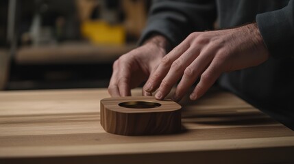 Carpenter assembling wooden table in workshop. Featuring craftsmanship and attention to detail
