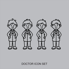Minimalist cartoon doctors, black and white sketch, simplified character design, repeated figures, medical profession icons, matching uniforms, stylized illustration, symmetrical composition