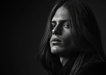 Monochromatic portrait of a thoughtful young man with long hair in low key style