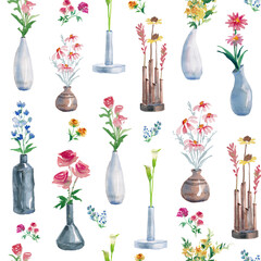 Watercolor painting of flowers in a vase, minimalist style, seamless pattern.