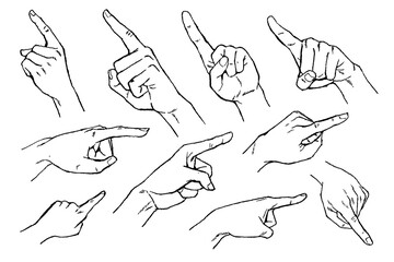 Ink Line Drawings of Pointing Hands in Various Directions, Minimal Gesture Illustrations