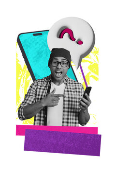 Vertical photo collage of astonished businessman hold iphone screen freelance question mark text box sms isolated on painted background