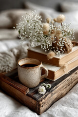 Wooden Tray with Books, Coffee Mug, and Flowers on Bed in White Bedroom with Wooden Headboard