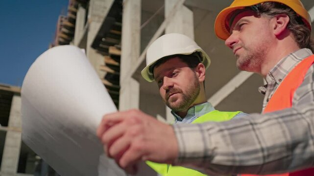 Close up of males constructors in helmets at construction site with blueprint in hand talking. Team of builders discussing building developing. Workday concept. Men working at constructing project.