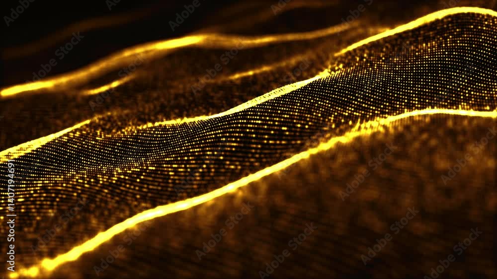 Poster glowing golden particles form dynamic wave patterns in continuous loop animation, fantastic luxuriou