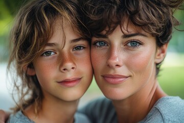 horizontal closeup portrait of a thirty year old woman with her teenage son in a summer park