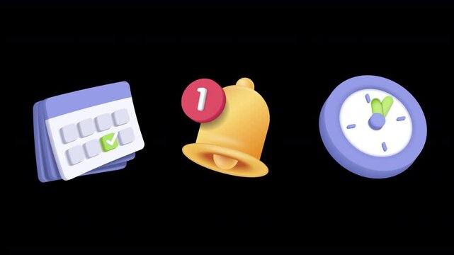 3D Animated Calendar Icon with Checkmark, Clock and Notification. Schedule, Planning, Deadline Looping Motion Graphic with Alpha Channel 