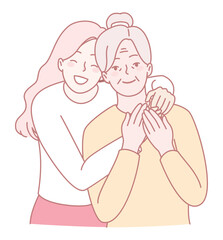 A heartwarming illustration showcasing a young woman joyfully embracing her beloved grandmother with love