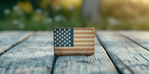 Obraz premium patriotic postcard template, d postcard template with folded american flag, rustic wood table, dramatic lighting, empty space for quote or date