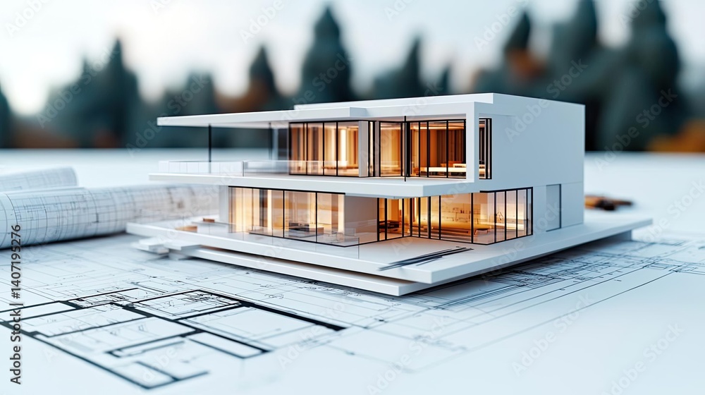 Poster building house on blueprint with dwelling and plan concept. modern architectural model showcasing in