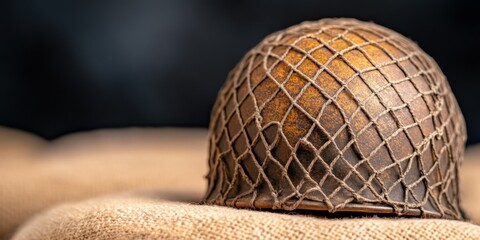 Fototapeta premium vintage military gear, detailed focus on vintage wwii soldiers helmet, with netting, rested on sandbags, showcasing weathered textures