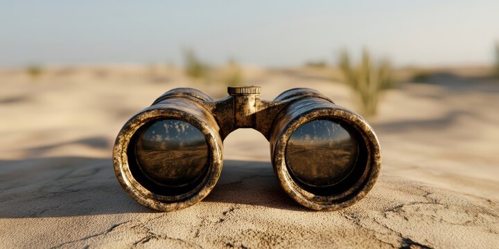 military equipment, military binoculars stand out atop a sand-textured field map, lens reflections and metal body captured in deep focus