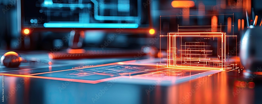 Poster building house on blueprint among project and construction concept. futuristic workspace with digita
