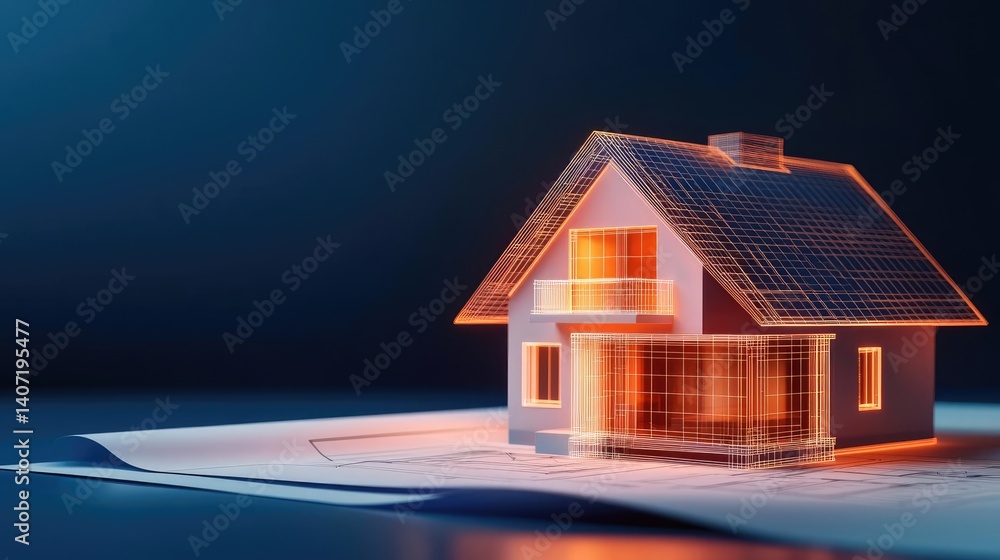 Poster building house on blueprint with dwelling and plan concept. a digital rendering of a modern house de