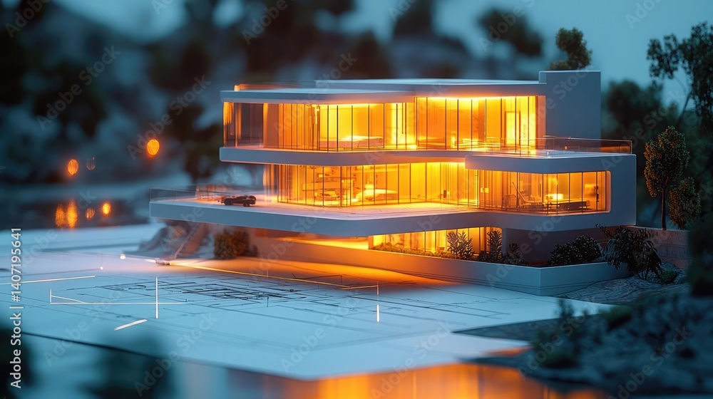 Poster building house on blueprint among project and construction concept. illuminated modern building mode