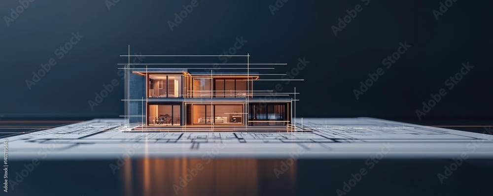 Poster building house on blueprint with dwelling and plan concept. modern architectural model on a blueprin
