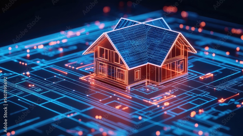 Poster building house on blueprint highlighting dwelling and project concept. futuristic house design with 