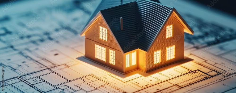 Poster building house on blueprint highlighting dwelling and project concept. illustration of a model house