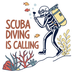 Cartoon Skeleton Scuba Diver Underwater Adventure With Fish And Ocean Plants