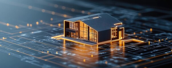 Building house on blueprint among project and construction concept. Futuristic house model on a digital circuit board background.