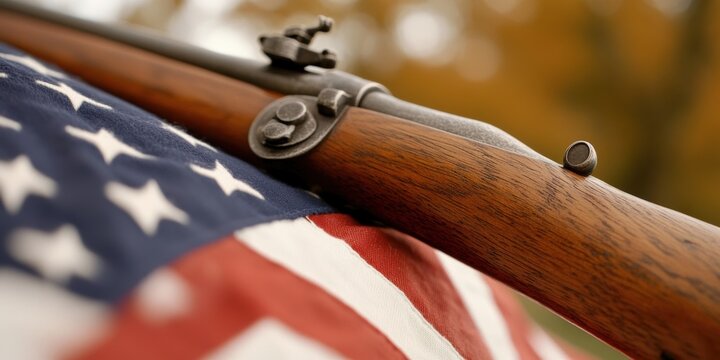 vintage military still life, m garand rifle displayed on folded american flag, capturing fine wood and metal details