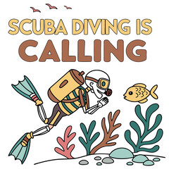 Scuba Diving Is Calling Cartoon Underwater Adventure With Diver And Fish