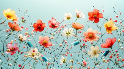 Naklejka premium Vibrant Floral Arrangement Interspersed with Colored Pills Symbolizing Nature and Medicine