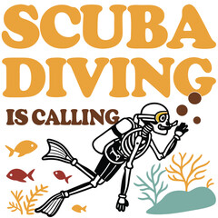 Funny Scuba Diving Skeleton Illustration With Fish And Coral Reef Scene Design