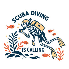 Whimsical Scuba Diving Skeleton Surrounded By Fish And Coral Reef Underwater Illustration