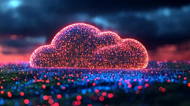 Glowing cloud data network, stormy sky, digital landscape