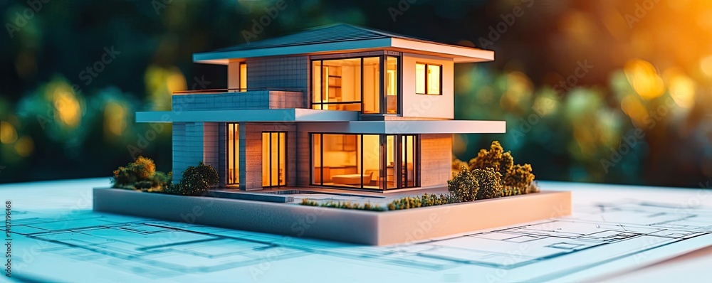 Poster building house on blueprint highlighting dwelling and project concept. a modern architectural model 