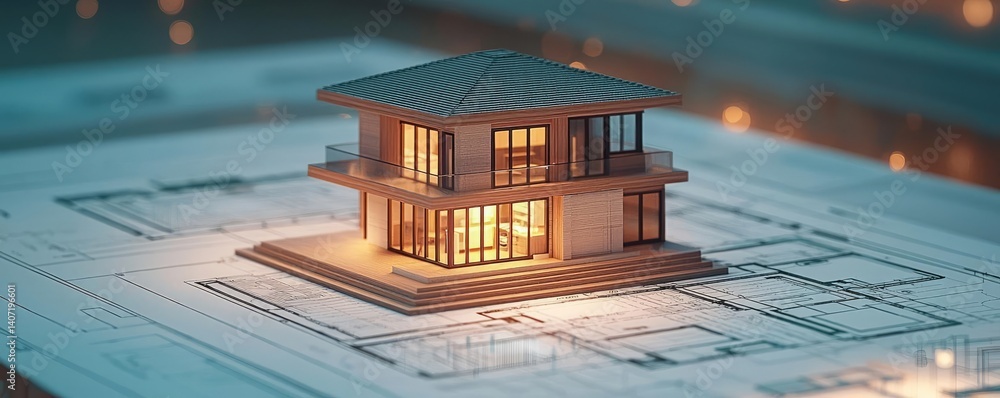 Poster building house on blueprint highlighting dwelling and project concept. a detailed architectural mode