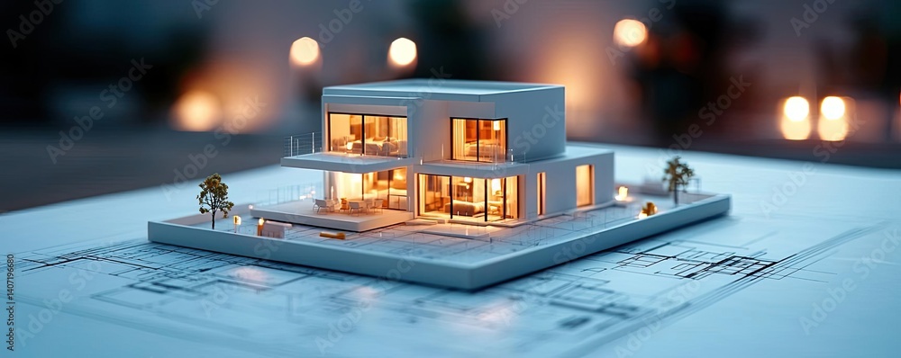 Poster building house on blueprint highlighting dwelling and project concept. a miniature model of a modern