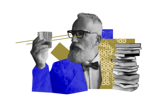 Composite photo collage of serious old man sommelier hold cognac glass beverage addiction stack book study isolated on painted background - Powered by Adobe