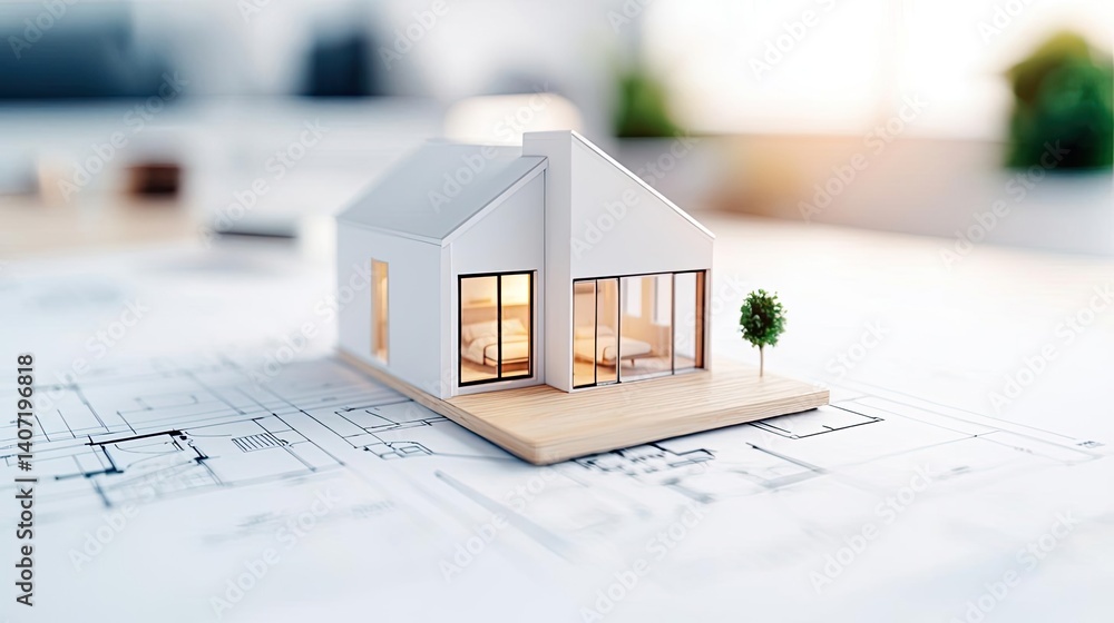 Poster building house on blueprint with dwelling and plan concept. modern architectural model on blueprint 