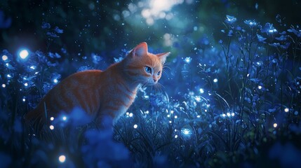 Enchanted Cat in Surreal 3D Animation with Glowing Blue Flowers