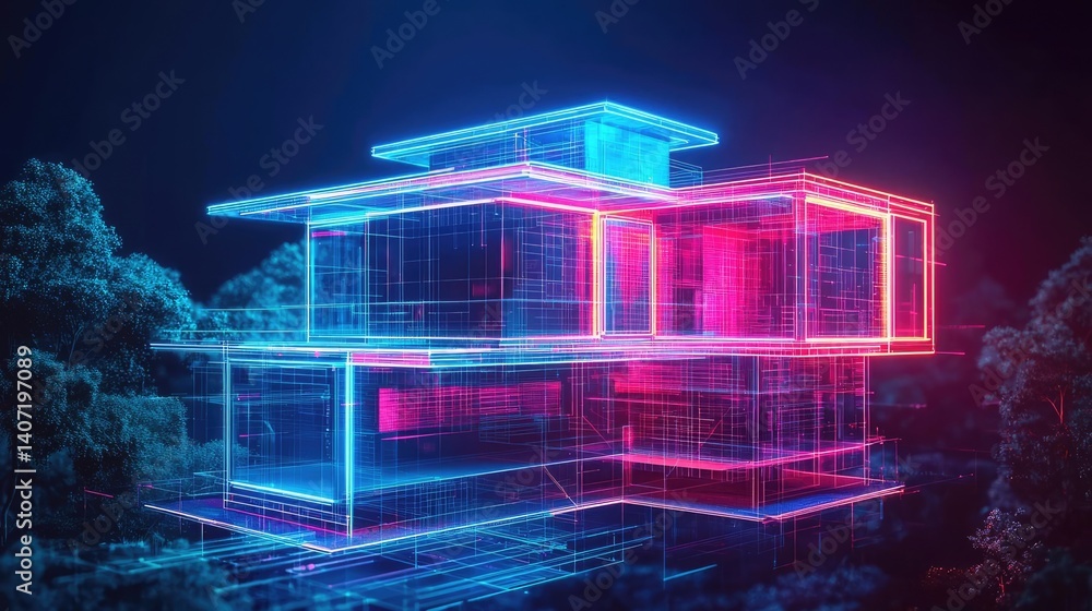 Poster building house on blueprint among project and construction concept. futuristic building design illum