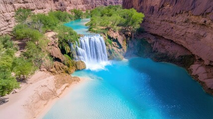 Stunning Waterfall Cascading into Turquoise Pool Surrounded by Lush Greenery in Desert Canyon