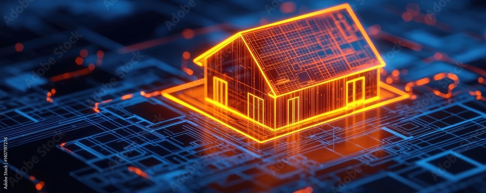 Poster building house on blueprint highlighting dwelling and project concept. futuristic house design with 