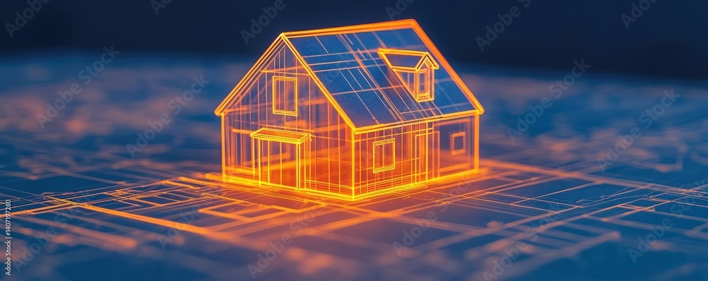 Poster building house on blueprint highlighting dwelling and project concept. a futuristic blueprint of a h