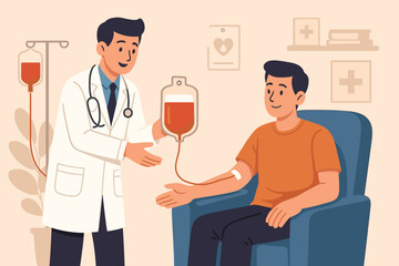 Doctor assisting patient in blood transfusion process in medical setting